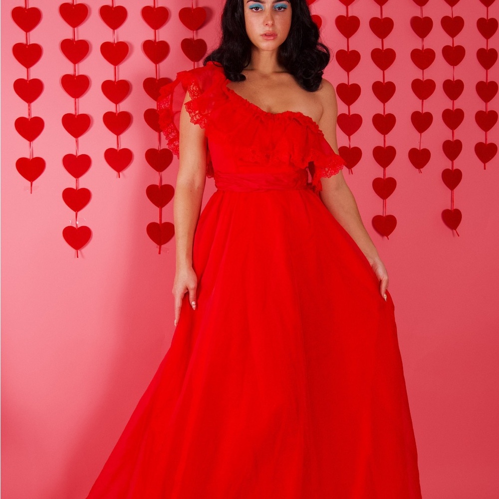 Elegant Vintage 70’s Red One-Shoulder Dress